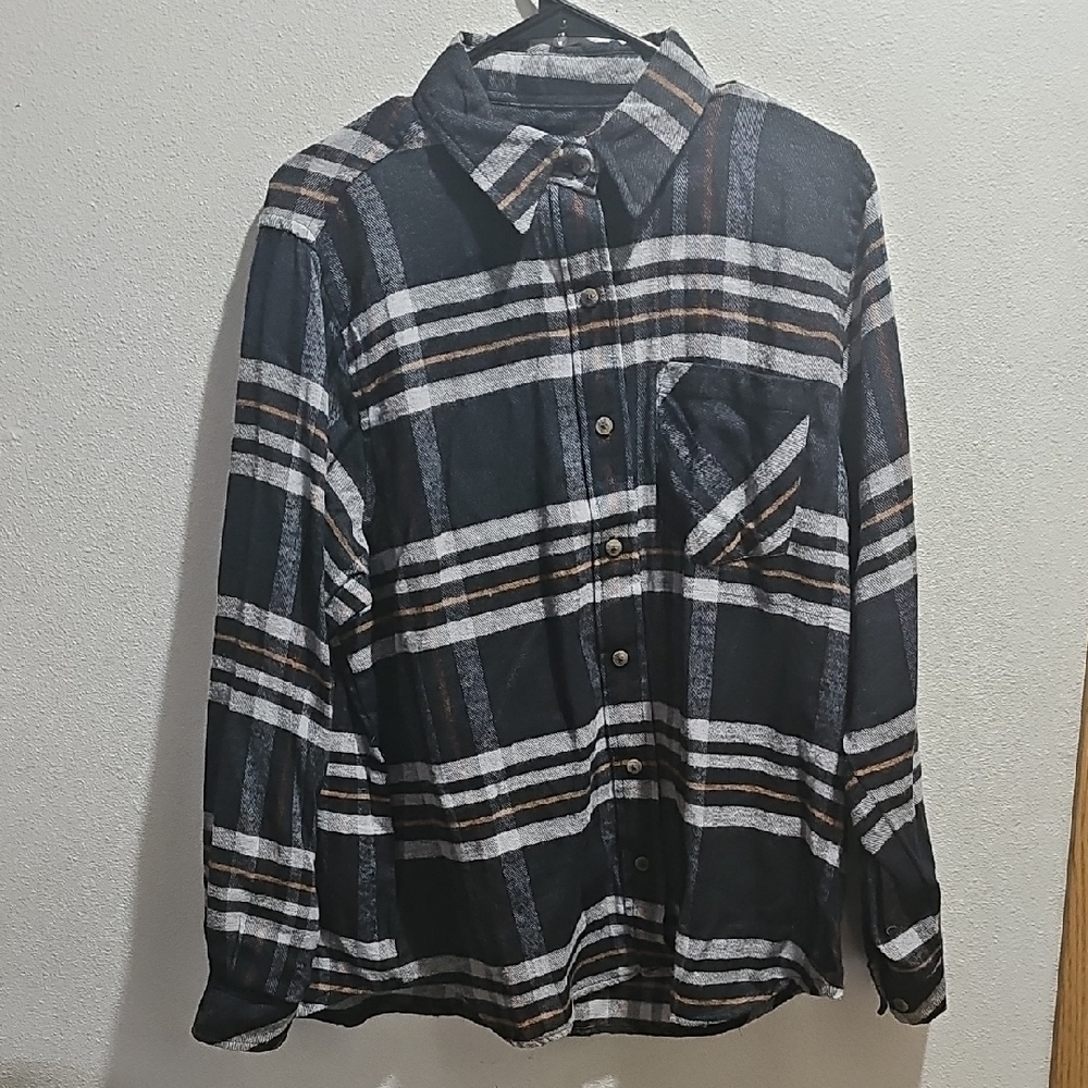 Plaid Button-Up Shirt - Black and Brown
